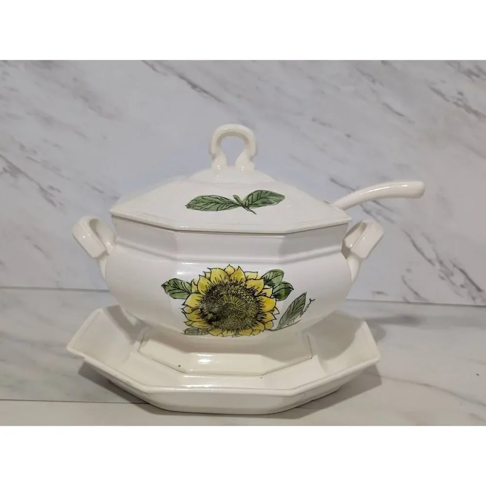 Georges Briard MCM Ceramic Tureen Lid Ladle & Platter Sunflower Pattern